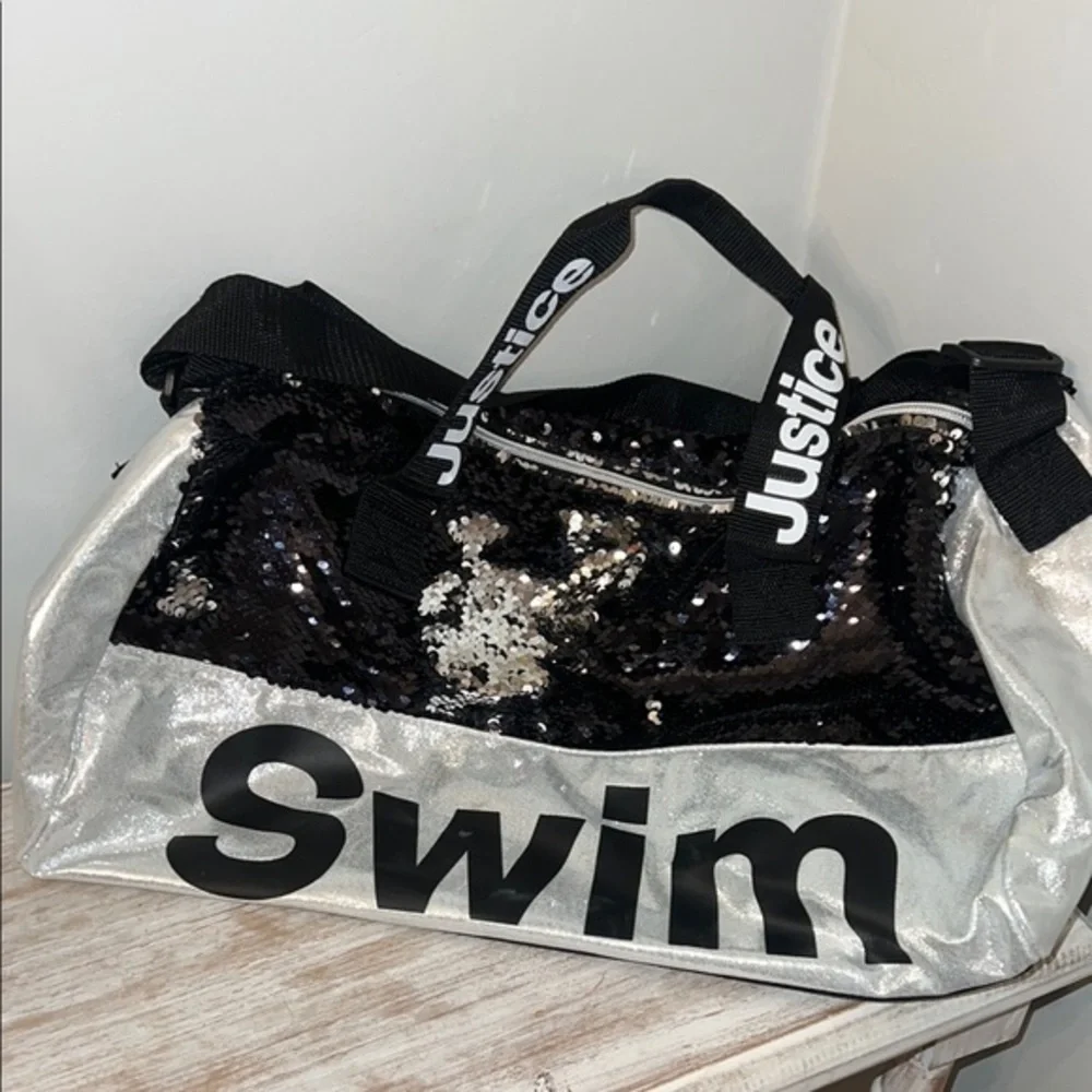 Justice Silver and Black Kids Swim Bag